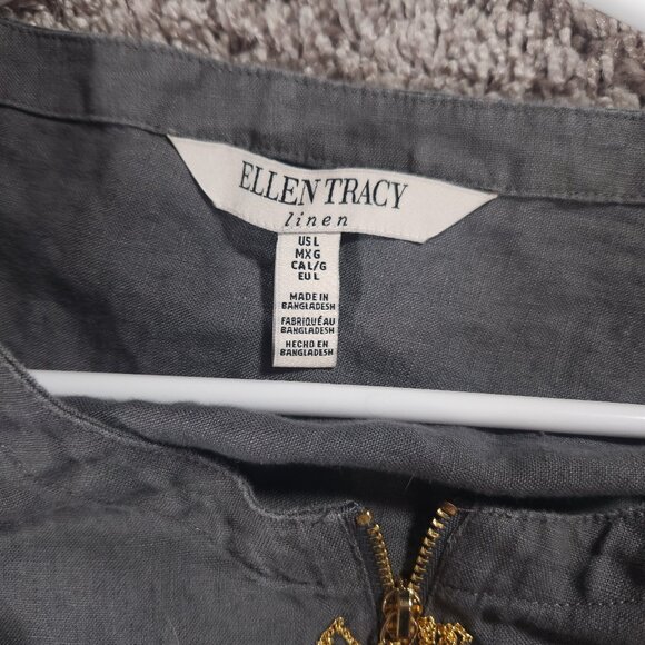 Ellen Tracy Linen Pullover Womens Large Gray 1/4 Zip Roll Tab Pockets Blouse - Picture 9 of 16